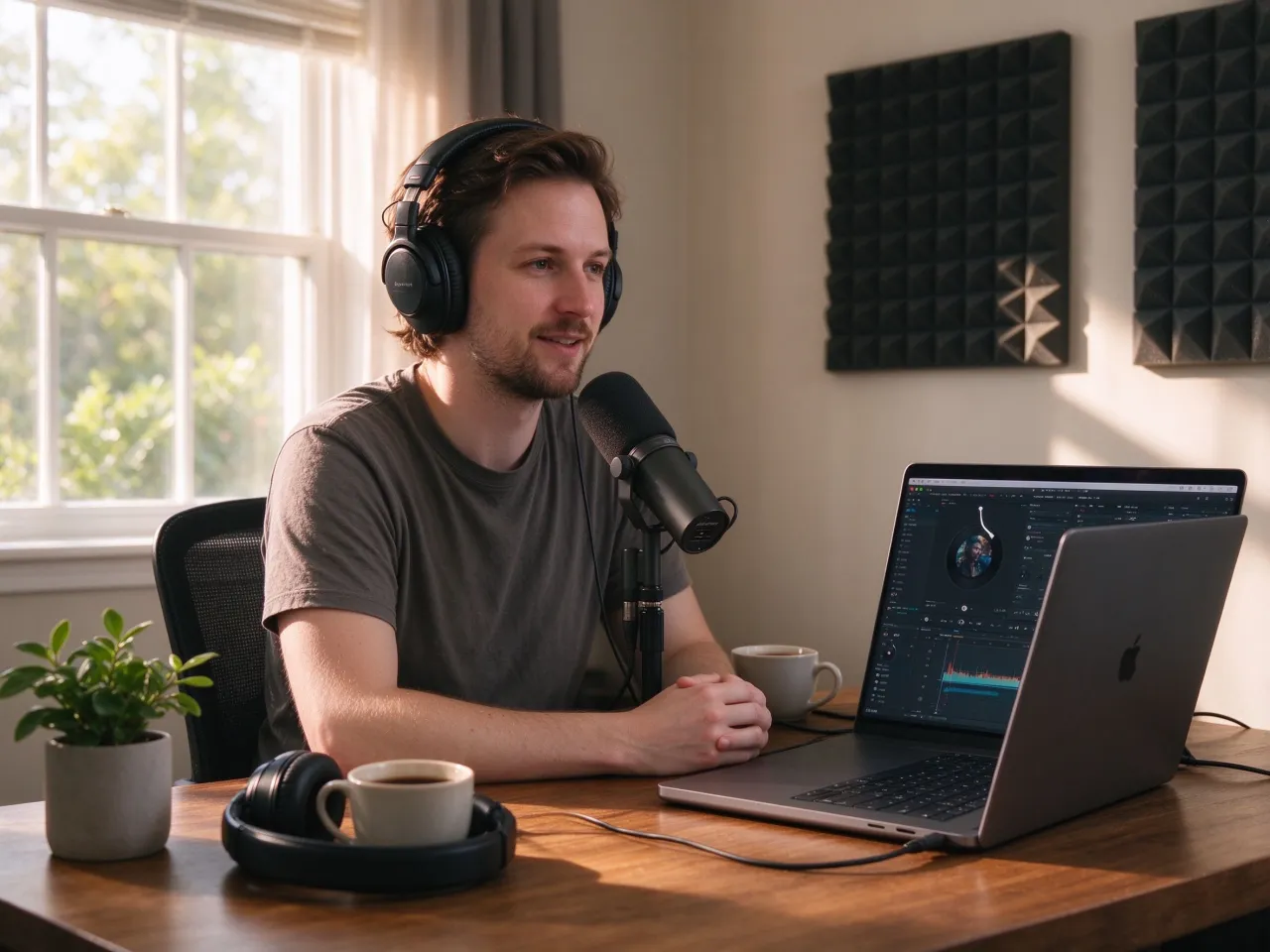 Podcaster enhancing a home studio recording with AI